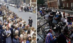 Crowds outside St Mary's hospital in 1982 and today